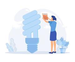 Sustainability illustration. Characters reduce energy consumption at home, unplug appliances, use energy saving light bulb, switch device to standby mode. flat vector modern illustration