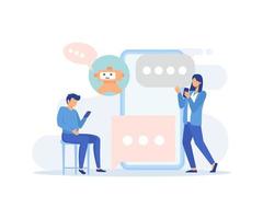 Customer support illustration set. Characters using online helpdesk platform. People asking a questions and receiving answers from helpdesk operator or chatbot. flat vector modern illustration