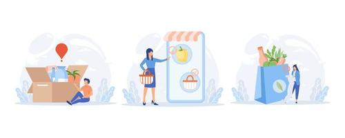 Grocery food illustration. Character buying online fresh organic vegetables and other groceries, paying for an order and receiving delivery. flat vector modern illustration Print