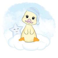 Cute Little Duck and star on the cloud vector