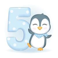 Cute Little Penguin and number 5 vector