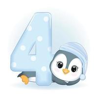 pequeño pingüino lindo y número 4 vector