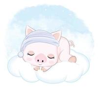 Cute Little Pig sleeping on the cloud, cartoon illustration vector