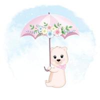 Cute Bear holding an umbrella with a bouquet of flowers vector