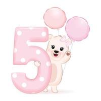 Cute Little Bear and balloon, Happy Birthday 5 years old vector