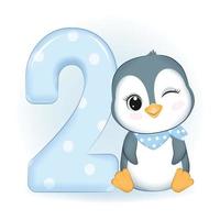 pequeño pingüino lindo y número 2 vector