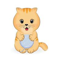 Cute little Orange Cat and ball of yarn, animal cartoon illustration vector