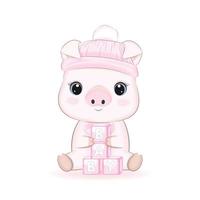 Cute Little Pig and baby blocks cartoon illustration vector