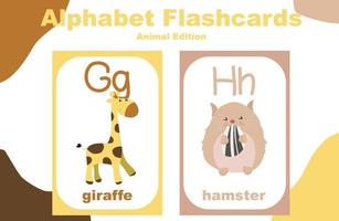 conjunto de vectores alfabeto flashcard con tema animal. hoja de trabajo imprimible educativa. lindo tema de hoja de trabajo de animales. ilustraciones vectoriales.