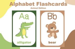 conjunto de vectores alfabeto flashcard con tema animal. hoja de trabajo imprimible educativa. lindo tema de hoja de trabajo de animales. ilustraciones vectoriales.