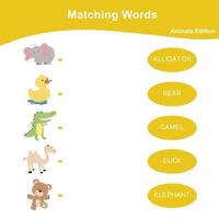 Printable matching words worksheet. Matching animal picture with name. Educational sheet for children. Vector file.