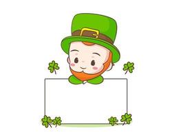 Cute Adorable Leprechaun cartoon with empty board. Hand drawn chibi character. Happy Saint Patrick's Day concept design. Isolated White background. Vector art illustration.