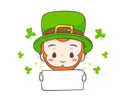 Cute Adorable Leprechaun cartoon with empty board. Hand drawn chibi character. Happy Saint Patrick's Day concept design. Isolated White background. Vector art illustration.