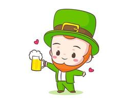 Cute Adorable Leprechaun cartoon holding glass of beer. Hand drawn chibi character. Happy Saint Patrick's Day concept design. Isolated White background. Vector art illustration.