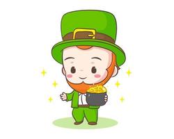 Cute Adorable Leprechaun cartoon holding a pot of gold coin. Hand drawn chibi character. Happy Saint Patrick's Day concept design. Isolated White background. Vector art illustration.