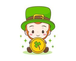 Cute Adorable Leprechaun cartoon holding big gold coin. Hand drawn chibi character. Happy Saint Patrick's Day concept design. Isolated White background. Vector art illustration.
