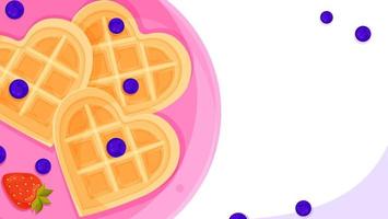bright vector culinary background, romantic breakfast Viennese heart-shaped waffles with blueberries and strawberries,  mantic poster