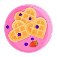 ilustración vectorial desayuno romántico gofres en forma de corazón vienés con arándanos y fresas vector