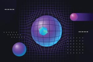 Abstract purple and blue liquid gradient ball displaces outline mesh background composition design in futuristic style with grid dots and arrows decorative elements vector