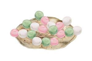 Watercolor hand drawn traditional Japanese sweets. Ceramic dish with three color dango. Isolated on white background. Design for invitations, restaurant menu, greeting cards, print, textile vector