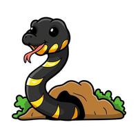 Cute happy mangrove snake cartoon out from hole vector