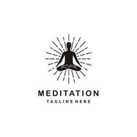 Yoga meditation silhouette in meditating pose with scroll and sunburst on white background logo design studio vector