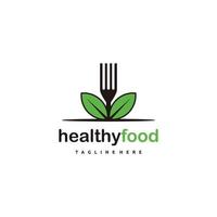diseño de logotipo de hoja y tenedor de alimentos saludables vector