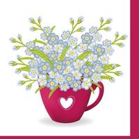 Postcard with Forget me not flowers in pink cup. vector