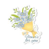 Sticker of bouquet forget me not flowers on white background. vector