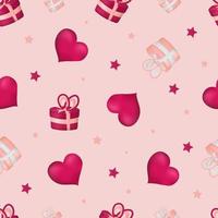 Seamless pattern with hearts and gifts on the pink background. vector