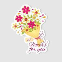 Sticker with bouquet of flowers in parer cut style on white background. vector