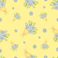 Seamless pattern with bouquet of forget me not flowers on yellow background. vector