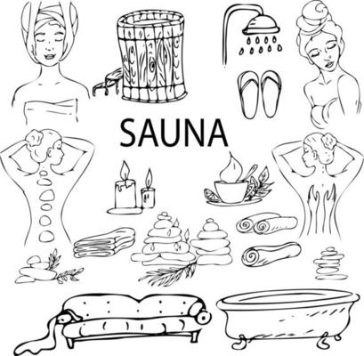 Spa salon illustration of the procedure on the face and body. A set of doodle illustrations beauty salon.