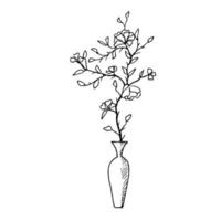 ilustración botánica. plantas de interior en macetas en jarrones con flores. estilo garabato. vector