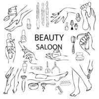 Spa salon illustration of the procedure on the face and body. A set of doodle illustrations beauty salon. vector