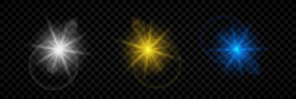 Light effect of lens flares. Set of three white, yellow and blue glowing lights starburst effects with sparkles. Vector illustration