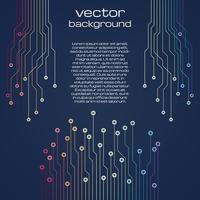 Abstract technological dark blue background with colorful elements of the microchip. Circuit board background texture. Vector illustration.