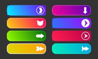 Colorful gradient buttons with arrows. Set of eight modern abstract web buttons. Vector illustration