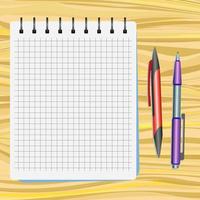 Notebook, red pen and purple pen on a wooden table vector