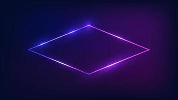 Neon rhombus frame with shining effects on dark background. Empty glowing techno backdrop. Vector illustration.