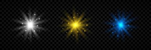 Light effect of lens flares. Set of three white, yellow and blue glowing lights starburst effects with sparkles. Vector illustration