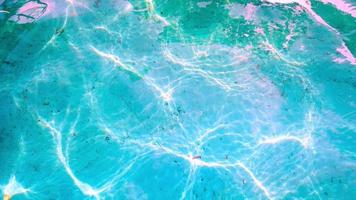 Top view of texture of clean blue surface of pool water with light reflections. Slow motion net, sunlight refraction, water, background. Water caustic background. video