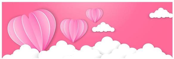 Happy valentines day typography vector design with paper balloons in the sky red pink heart shape cut white clouds vector image of love