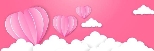 Happy valentines day typography vector design with paper balloons in the sky red pink heart shape cut white clouds vector image of love