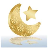 ramadan kareem concepto banner 3d marco dorado ventana árabe sobre fondo hermoso hermoso patrón árabe ilustración vectorial colgando luna creciente dorada y estrellas cortadas en papel en las nubes para texto vector