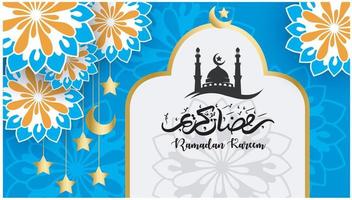 ramadan kareem concepto banner 3d marco dorado ventana árabe sobre fondo hermoso hermoso patrón árabe ilustración vectorial colgando luna creciente dorada y estrellas cortadas en papel en las nubes para texto vector