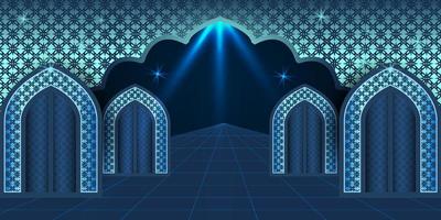 ramadan kareem concepto banner 3d marco dorado ventana árabe sobre fondo hermoso hermoso patrón árabe ilustración vectorial colgando luna creciente dorada y estrellas cortadas en papel en las nubes para texto vector