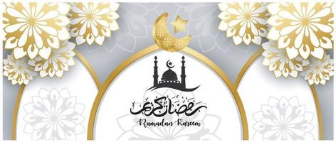 ramadan kareem concepto banner 3d marco dorado ventana árabe sobre fondo hermoso hermoso patrón árabe ilustración vectorial colgando luna creciente dorada y estrellas cortadas en papel en las nubes para texto vector