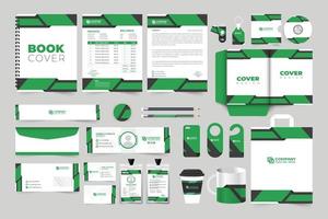 Corporate brand identity template collection for marketing. Special company promotional stationery design with green and black colors. Creative business promotional letterhead, envelope, and invoice. vector