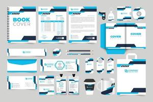 Modern business advertisement stationery set design with blue and dark colors. Corporate identity template with creative shapes. Brand promotion and identity invoice, letterhead, and envelope design. vector